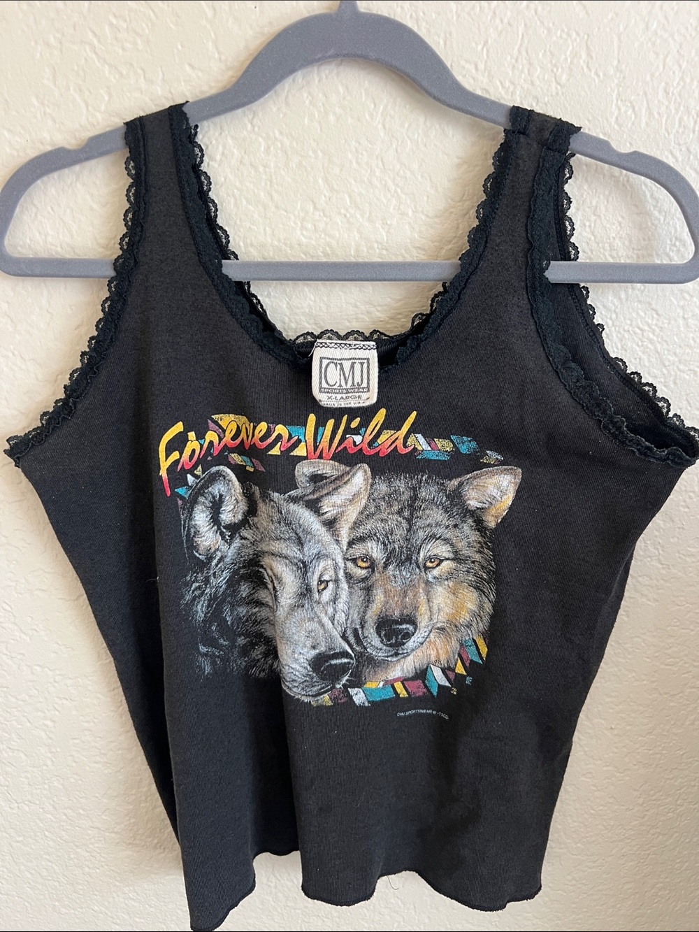 Vintage Black Lace-Trim Wolf Graphic Bandeau Tank